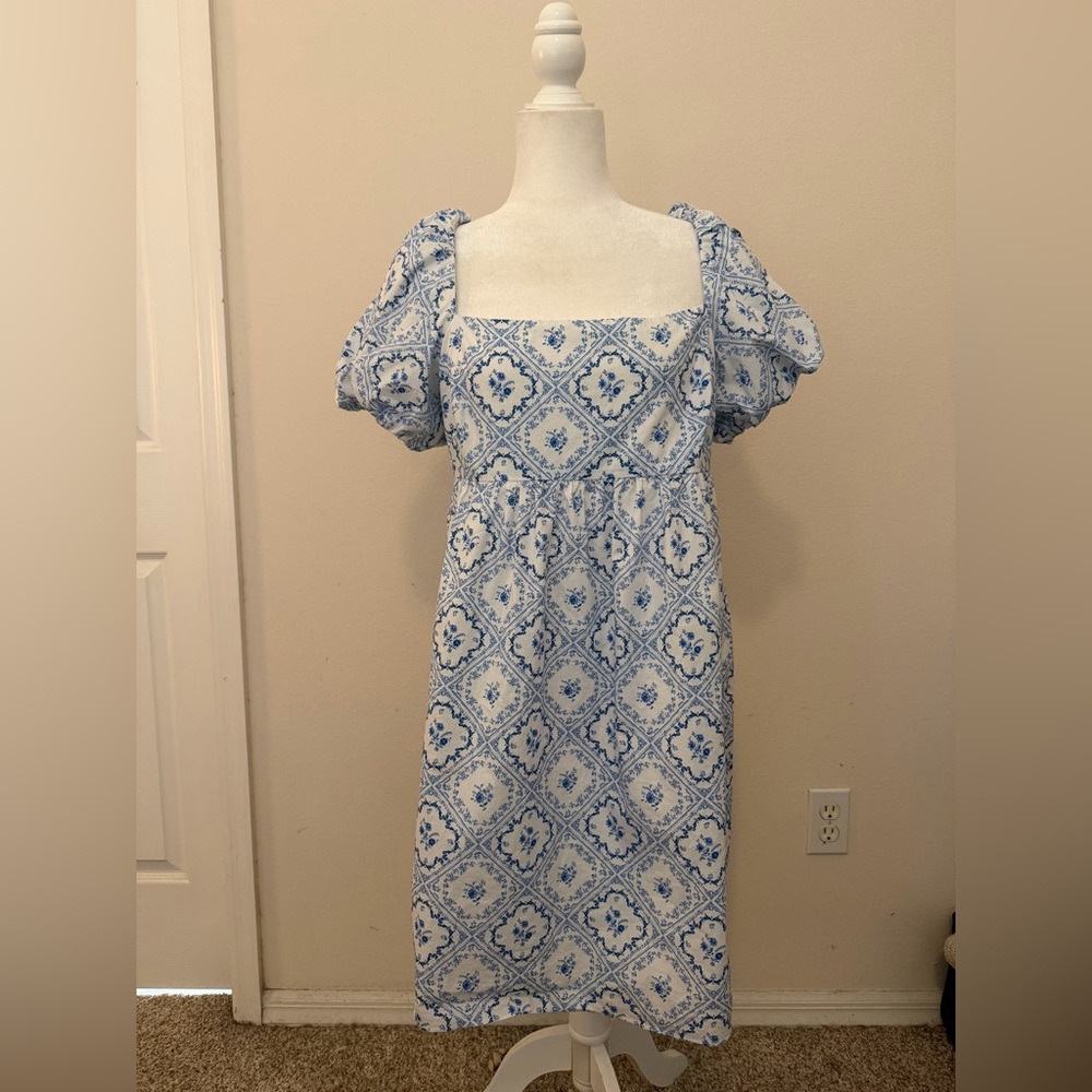 Antonio Melani x Born on Fifth Blue & White Babydoll Dress Sz 14 Puff Sleeves
